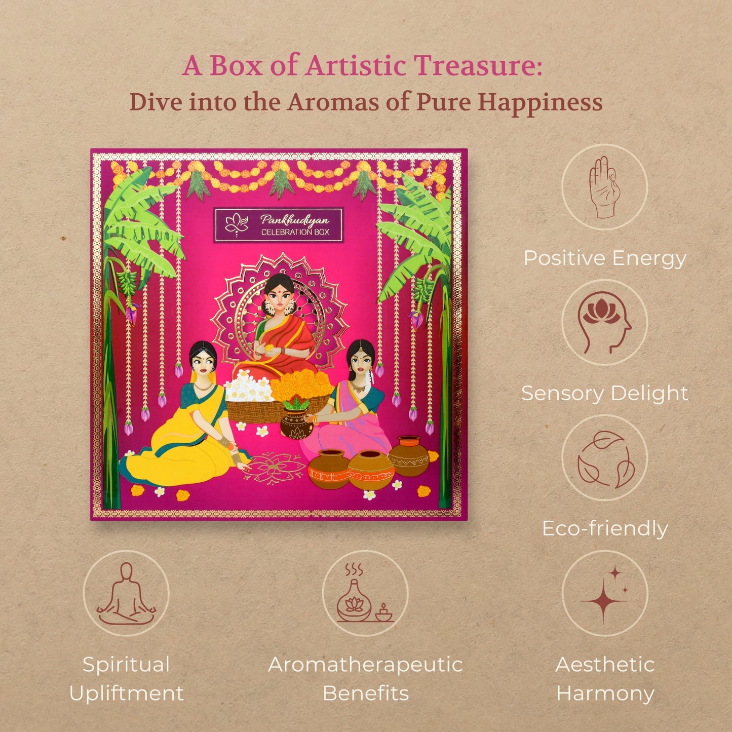 Pure Indulgence Luxury Gift Pack with Handmade Incense Cones, Flower Rangoli Colors, Ceramic Diyas, and Brass Set