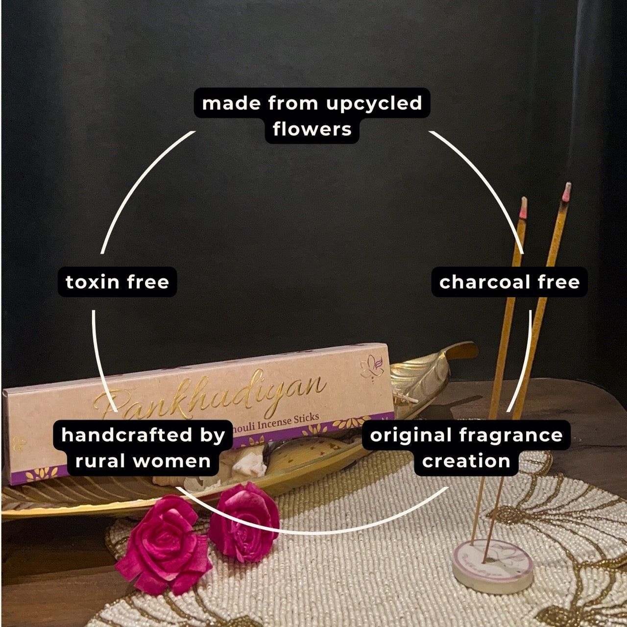Crafted Bliss Luxury Gift Pack with Handmade Incense Sticks, Flower Ceramic Diffusor, Aroma Essential Oil, Laddoo Candles