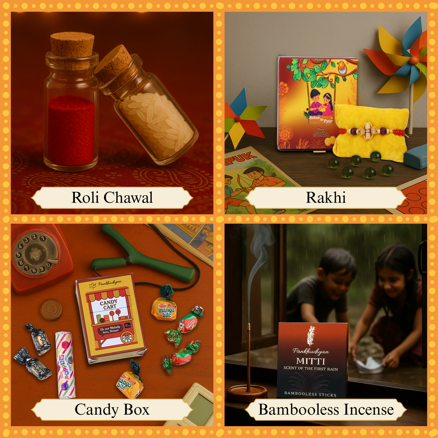 Rakhi Premium Gift Box for Bhaiya with 9 Inclusions - Fragrant Sandal-Tulsi Beads Rakhi, Mitti Fragrance Bambooless Incense, Ceramic Diffusor, Fridge Magnet, Sibling Conversation Cards, 90s Candy Box, Maze Card, Roli and Chawal