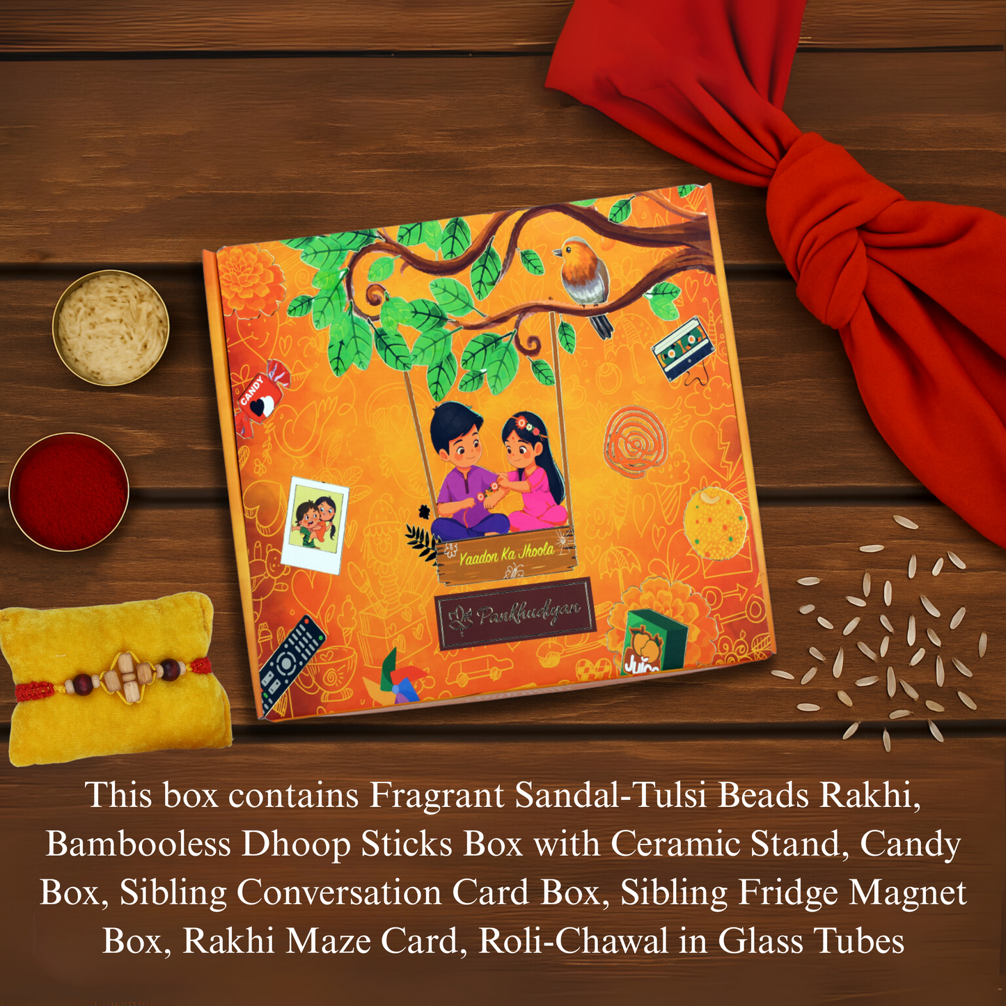 Rakhi Premium Gift Box for Bhaiya with 9 Inclusions - Fragrant Sandal-Tulsi Beads Rakhi, Mitti Fragrance Bambooless Incense, Ceramic Diffusor, Fridge Magnet, Sibling Conversation Cards, 90s Candy Box, Maze Card, Roli and Chawal