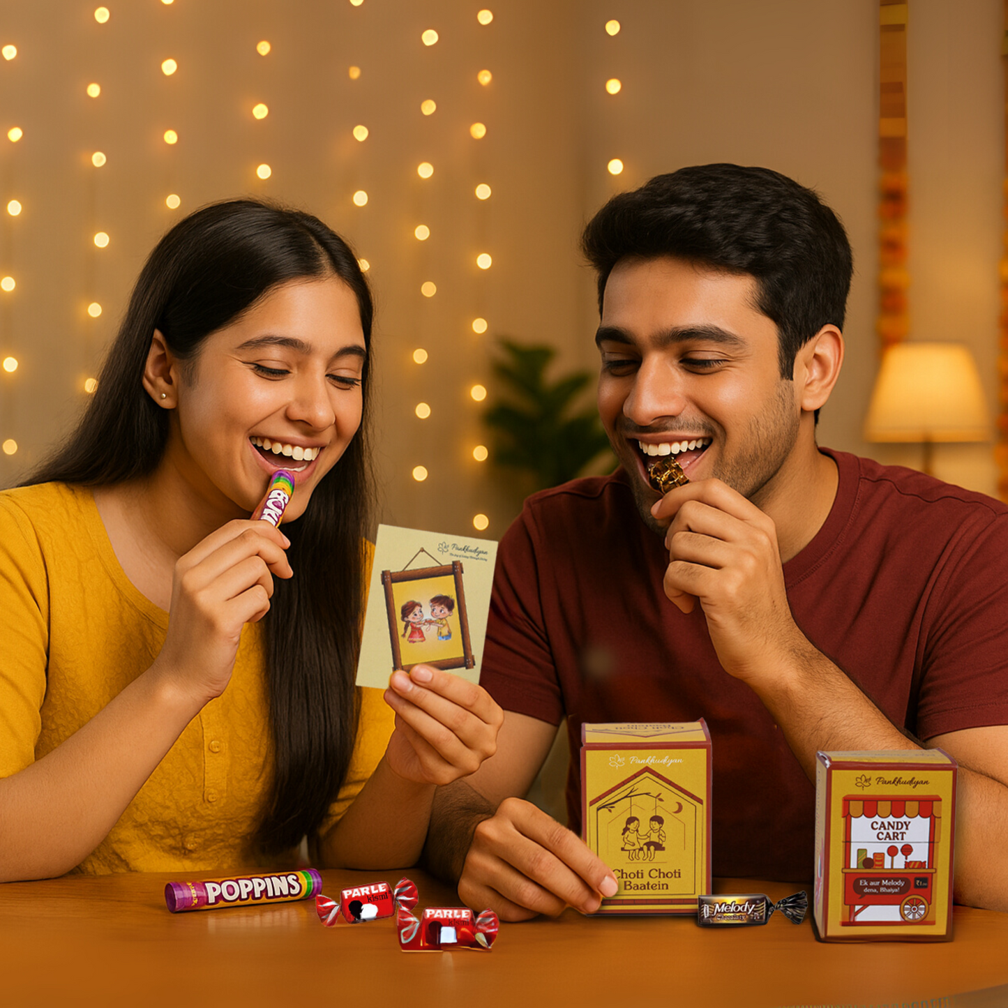 Rakhi Premium Gift Box for Bhaiya with 9 Inclusions - Fragrant Sandal-Tulsi Beads Rakhi, Mitti Fragrance Bambooless Incense, Ceramic Diffusor, Fridge Magnet, Sibling Conversation Cards, 90s Candy Box, Maze Card, Roli and Chawal