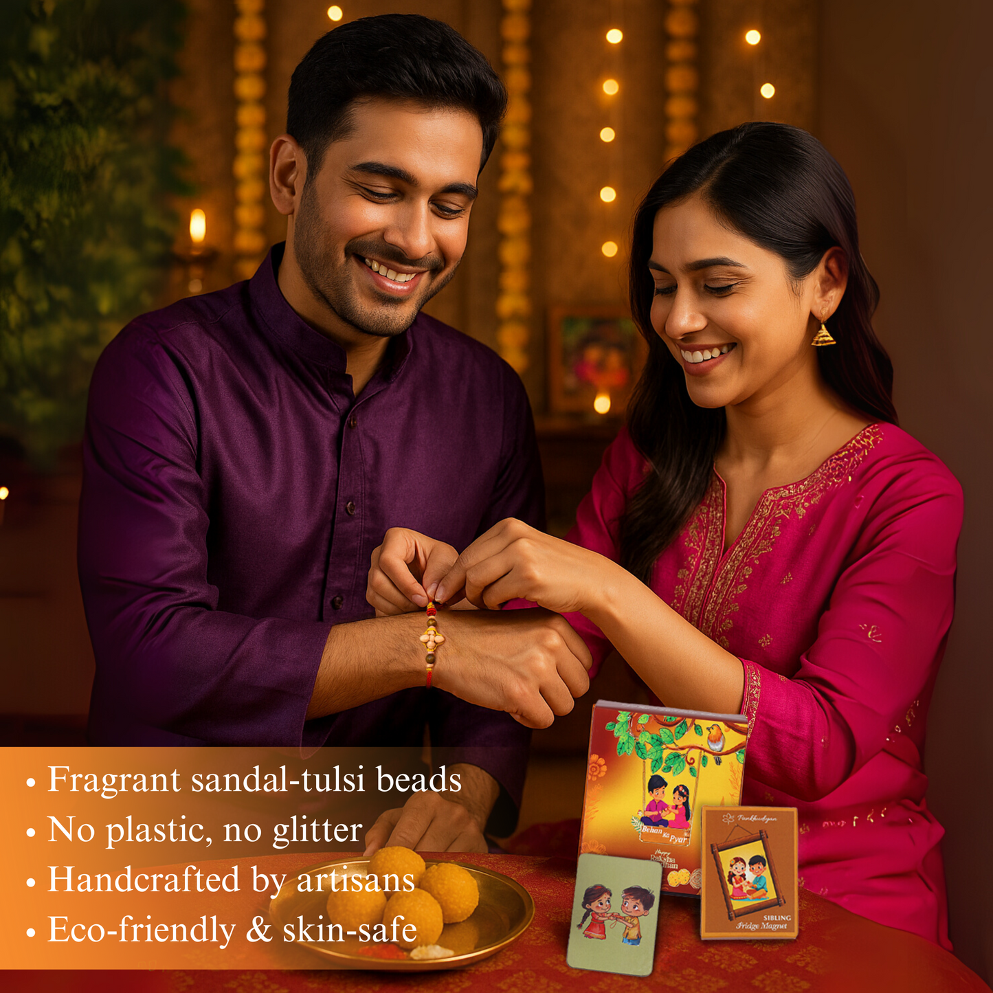 Rakhi Premium Gift Box for Bhaiya with 9 Inclusions - Fragrant Sandal-Tulsi Beads Rakhi, Mitti Fragrance Bambooless Incense, Ceramic Diffusor, Fridge Magnet, Sibling Conversation Cards, 90s Candy Box, Maze Card, Roli and Chawal