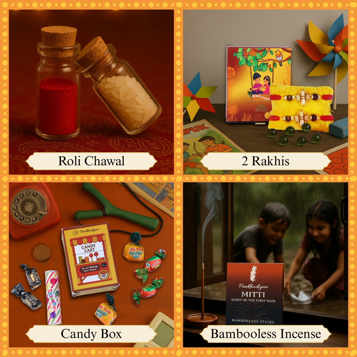 Rakhi Premium Gift Box for Bhaiya and Bhabhi with 10 Inclusions - Fragrant Sandal-Tulsi Beads Rakhi and Bracelet, Mitti Fragrance Bambooless Incense, Ceramic Diffusor, Fridge Magnet, Sibling Conversation Cards, 90s Candy Box, Maze Card, Roli and Chawal