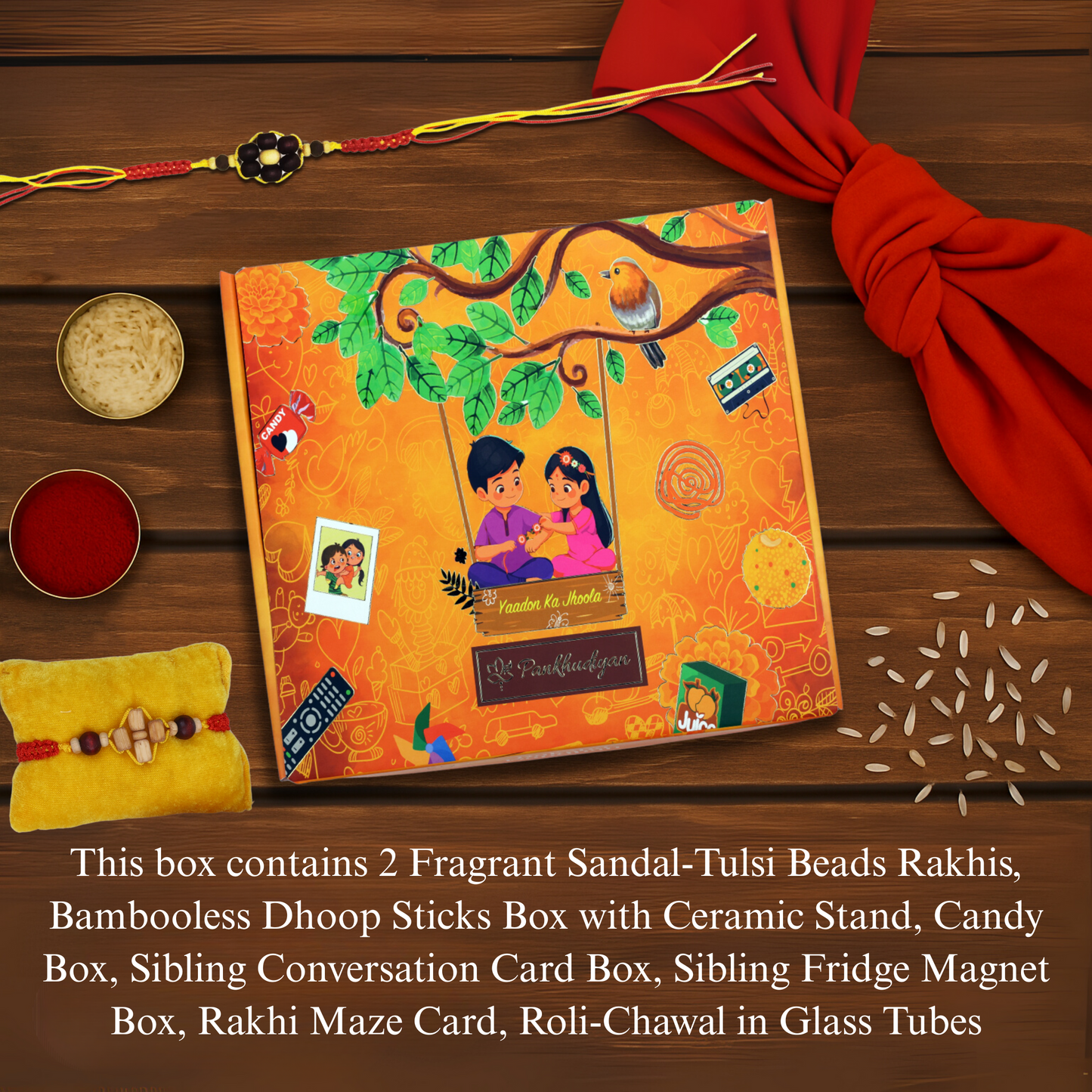 Rakhi Premium Gift Box for Bhaiya and Bhabhi with 10 Inclusions - Fragrant Sandal-Tulsi Beads Rakhi and Bracelet, Mitti Fragrance Bambooless Incense, Ceramic Diffusor, Fridge Magnet, Sibling Conversation Cards, 90s Candy Box, Maze Card, Roli and Chawal