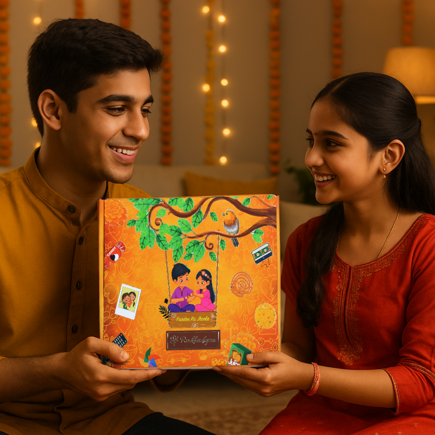 Rakhi Premium Gift Box for Bhaiya and Bhabhi with 10 Inclusions - Fragrant Sandal-Tulsi Beads Rakhi and Bracelet, Mitti Fragrance Bambooless Incense, Ceramic Diffusor, Fridge Magnet, Sibling Conversation Cards, 90s Candy Box, Maze Card, Roli and Chawal