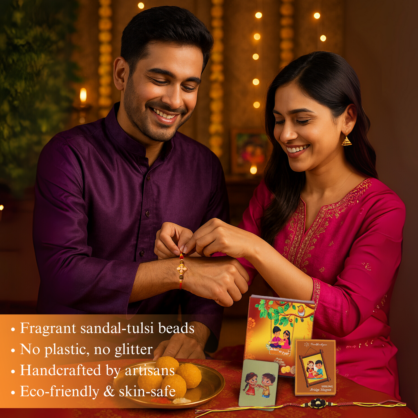 Rakhi Premium Gift Box for Bhaiya and Bhabhi with 10 Inclusions - Fragrant Sandal-Tulsi Beads Rakhi and Bracelet, Mitti Fragrance Bambooless Incense, Ceramic Diffusor, Fridge Magnet, Sibling Conversation Cards, 90s Candy Box, Maze Card, Roli and Chawal