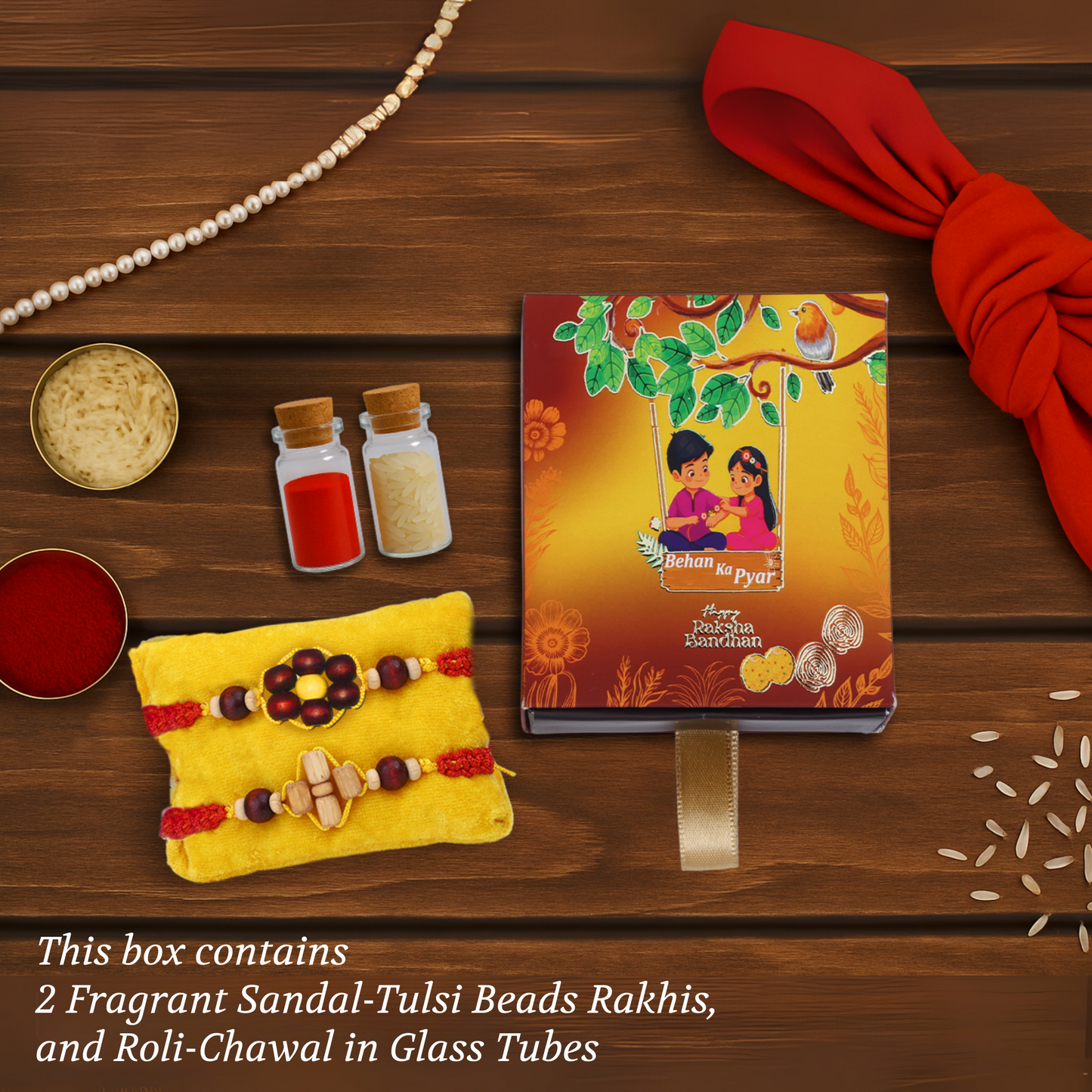 Premium Sandal-Tulsi Fragrant Rakhi for Brother & Bracelet for Bhabhi – Organic Set with Roli Chawal