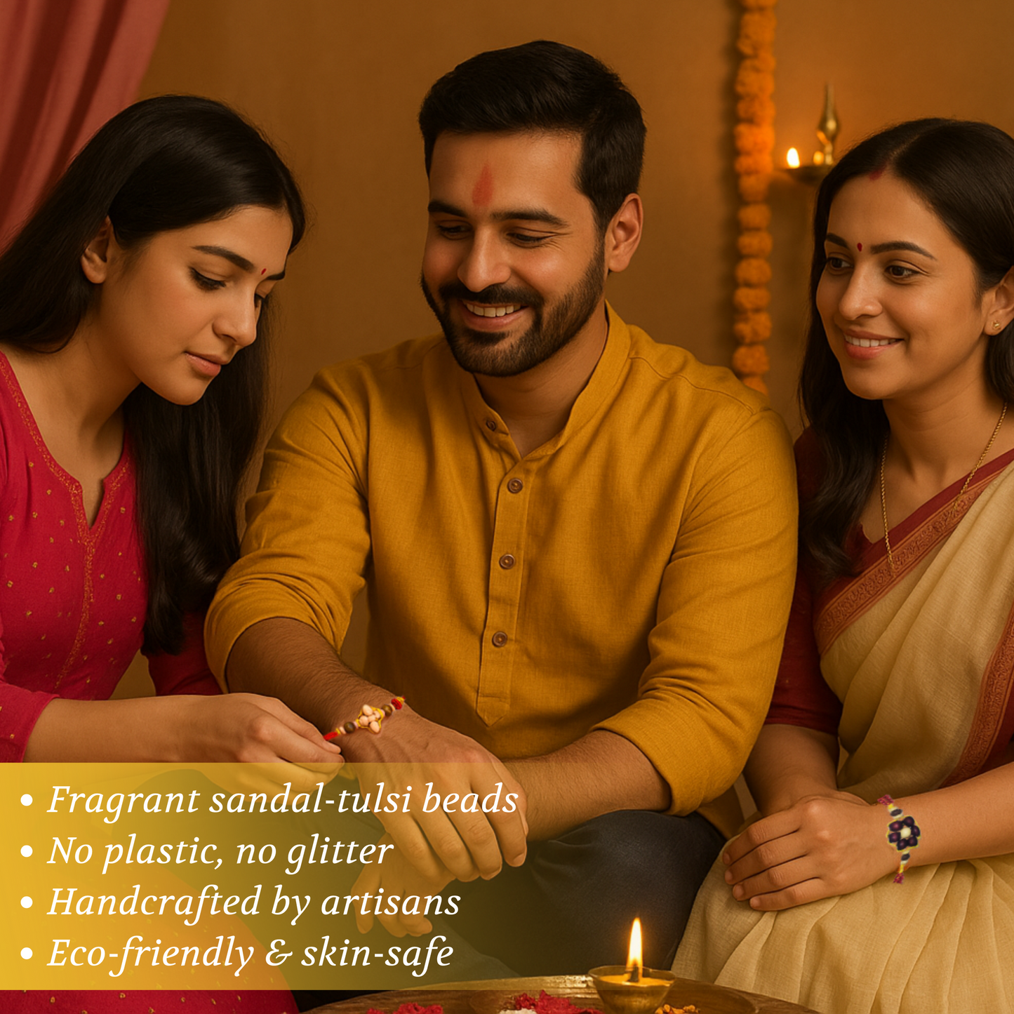 Premium Sandal-Tulsi Fragrant Rakhi for Brother & Bracelet for Bhabhi – Organic Set with Roli Chawal
