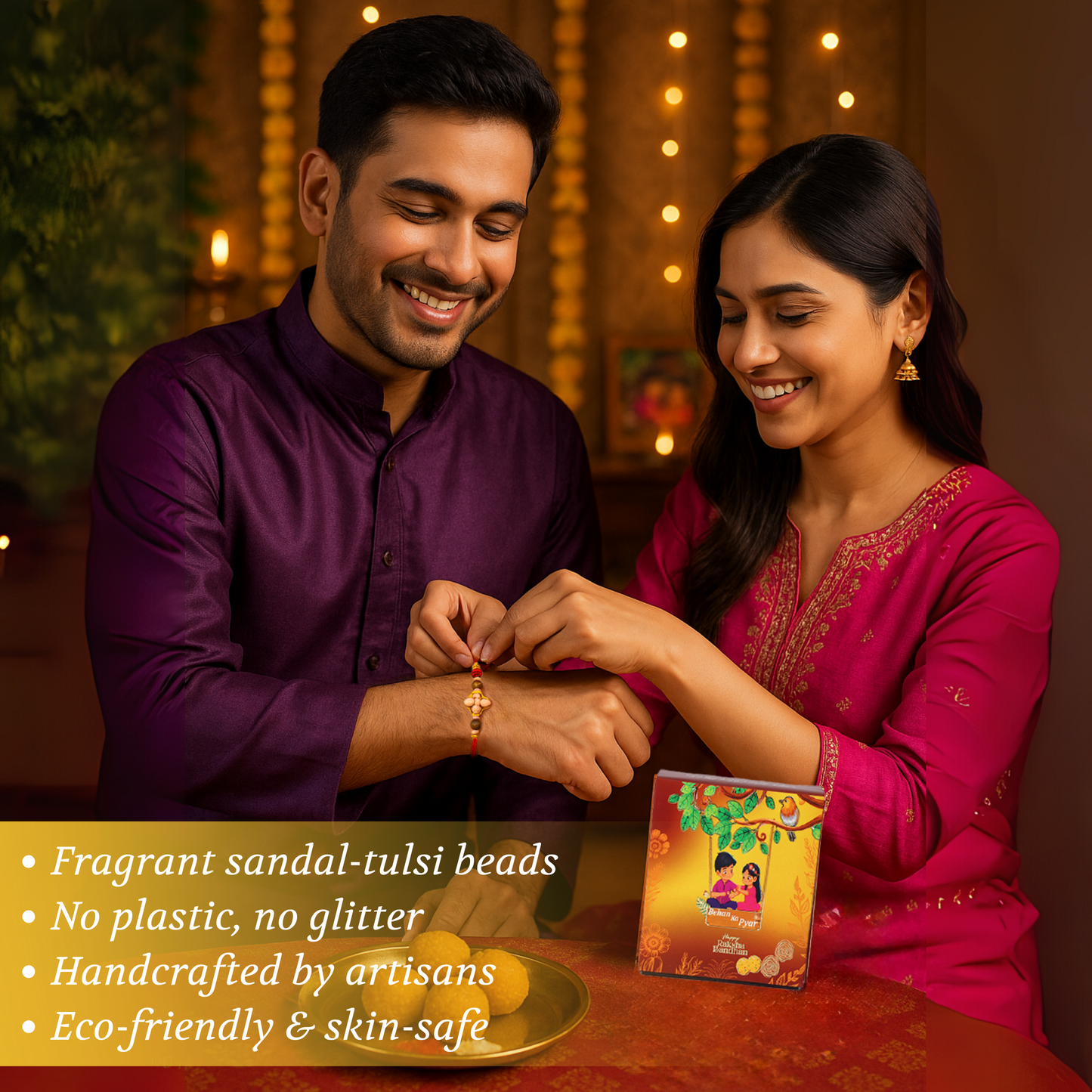 Premium Sandal-Tulsi Fragrant Rakhi for Brother – Organic Set with Roli Chawal