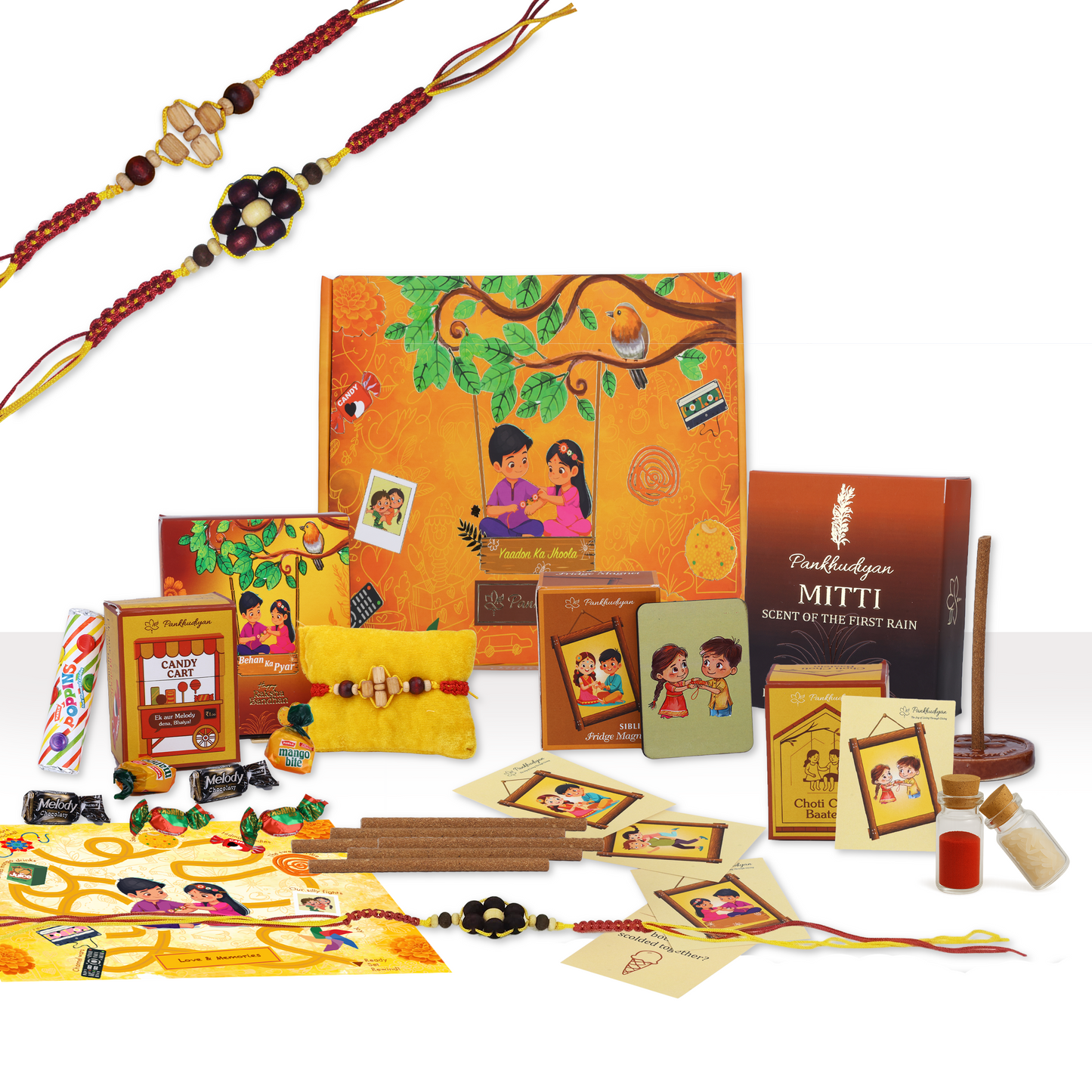 Rakhi Premium Gift Box for Bhaiya and Bhabhi with 10 Inclusions - Fragrant Sandal-Tulsi Beads Rakhi and Bracelet, Mitti Fragrance Bambooless Incense, Ceramic Diffusor, Fridge Magnet, Sibling Conversation Cards, 90s Candy Box, Maze Card, Roli and Chawal