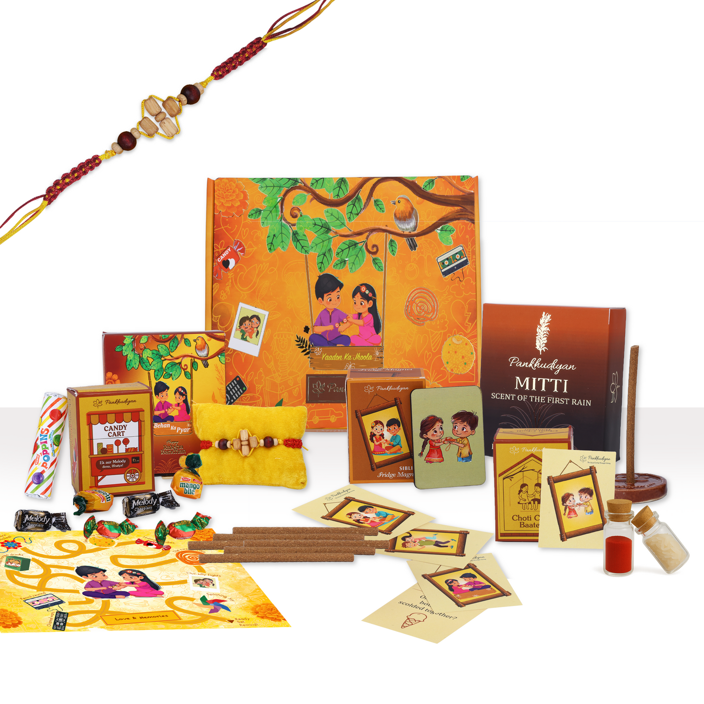 Rakhi Premium Gift Box for Bhaiya with 9 Inclusions - Fragrant Sandal-Tulsi Beads Rakhi, Mitti Fragrance Bambooless Incense, Ceramic Diffusor, Fridge Magnet, Sibling Conversation Cards, 90s Candy Box, Maze Card, Roli and Chawal