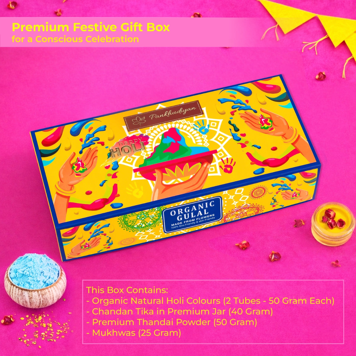 Certified Skin-friendly Holi Colour Set with Chandan Tika, Mukhwas & Thandai | Natural Gulal Gift Box