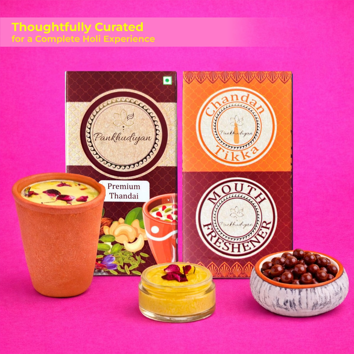 Certified Skin-friendly Holi Colour Set with Chandan Tika, Mukhwas & Thandai | Natural Gulal Gift Box