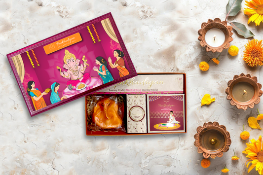 Crafted Bliss Ganpati Luxury Gift Pack with Handmade Incense Sticks, Dissolvable Seed Ganpati Idol, Flower Rangoli Colors, Diyas