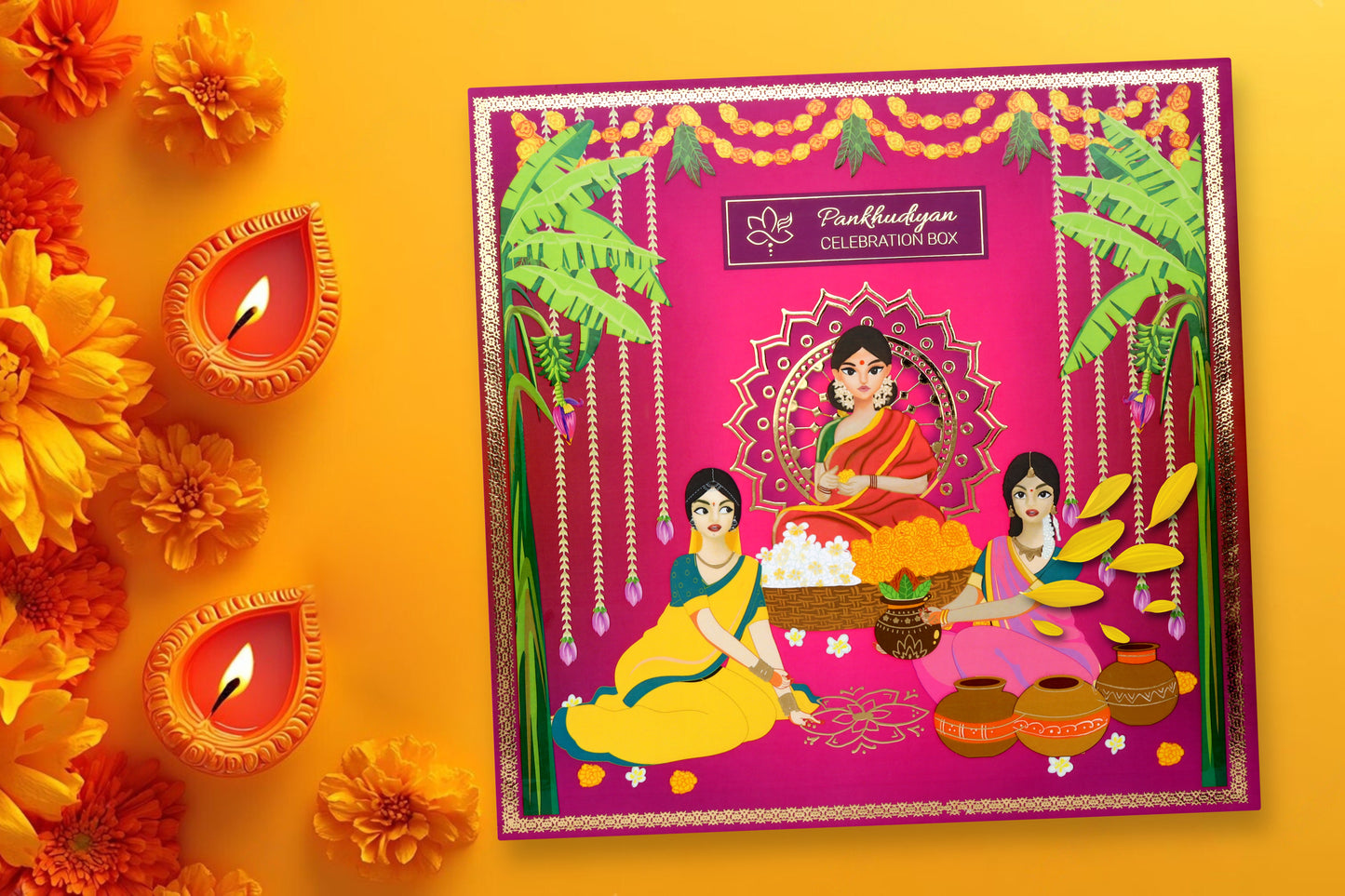 Pure Indulgence Luxury Gift Pack with Handmade Incense Cones, Flower Rangoli Colors, Ceramic Diyas, and Brass Set