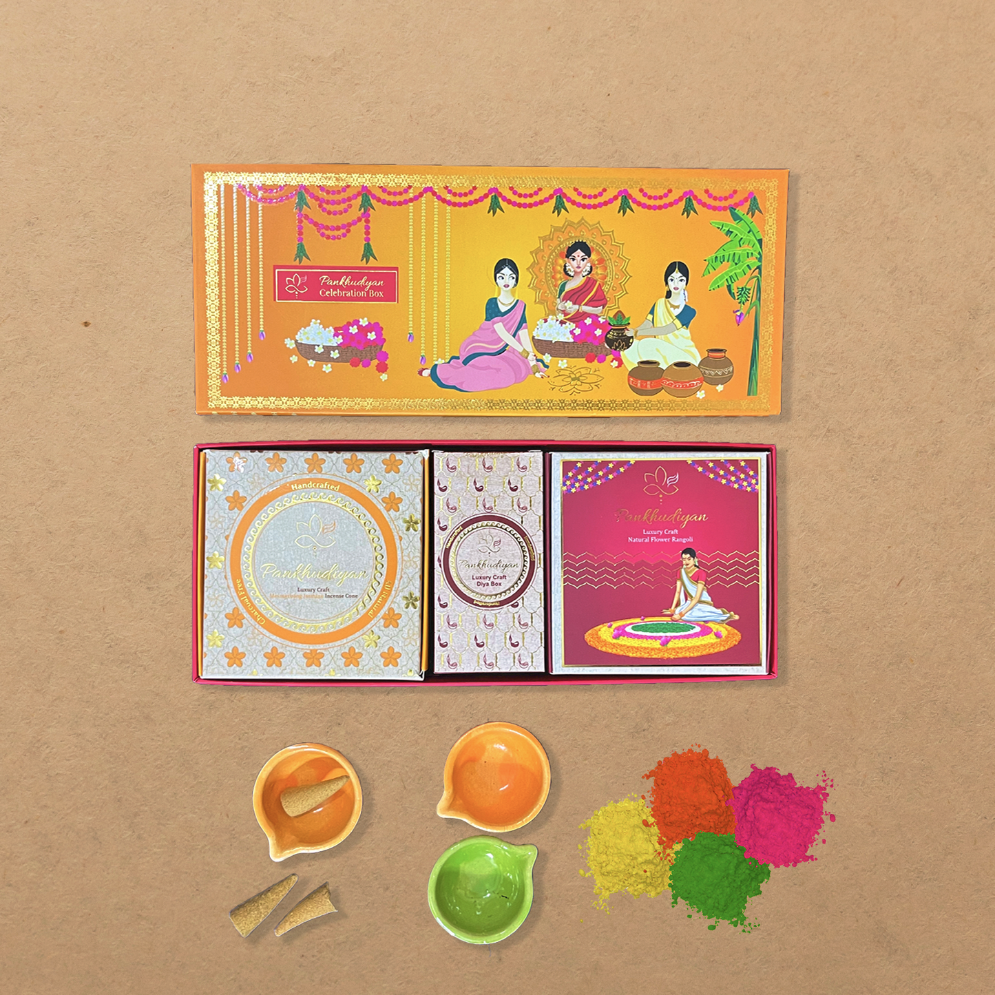 Curated Joy Luxury Gift Pack with Handmade Incense Cones, Flower Rangoli Colors, Diyas
