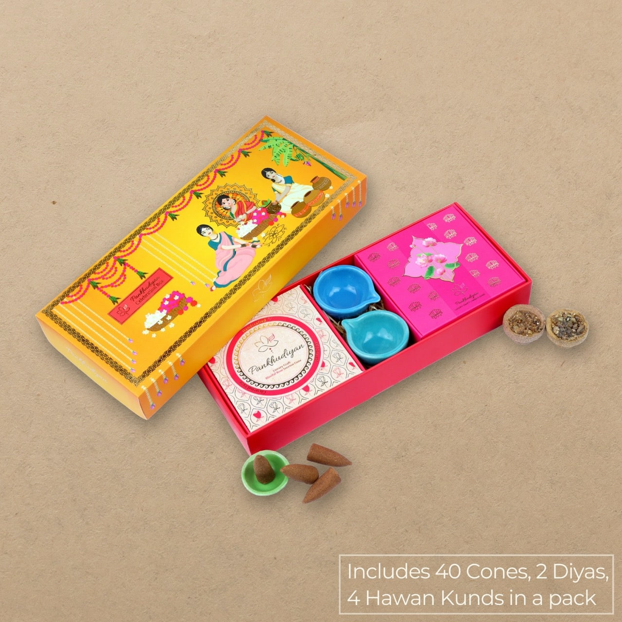 Curated Joy Luxury Gift Pack with Handmade Incense Cones, Hawan Kunds, Diyas