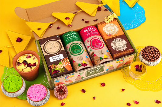 Premium Holi Colour Set with Chandan Tika, Mukhwas & Thandai | Organic Gulal Gift Box