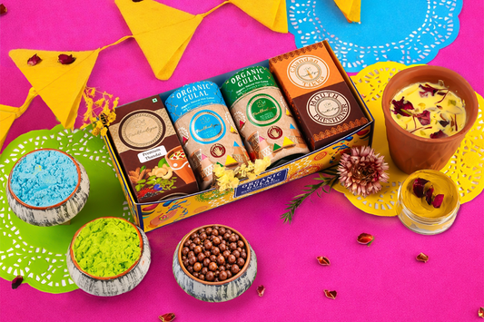Certified Skin-friendly Holi Colour Set with Chandan Tika, Mukhwas & Thandai | Natural Gulal Gift Box