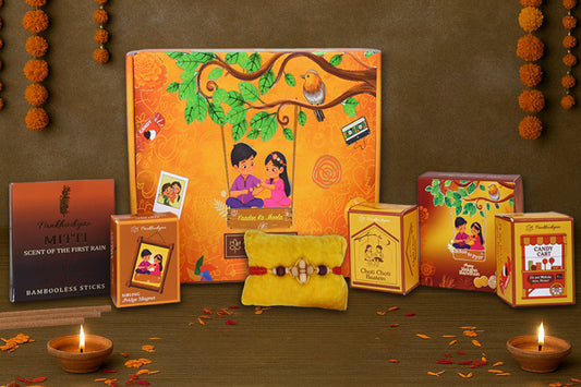 Rakhi Premium Gift Box for Bhaiya with 9 Inclusions - Fragrant Sandal-Tulsi Beads Rakhi, Mitti Fragrance Bambooless Incense, Ceramic Diffusor, Fridge Magnet, Sibling Conversation Cards, 90s Candy Box, Maze Card, Roli and Chawal