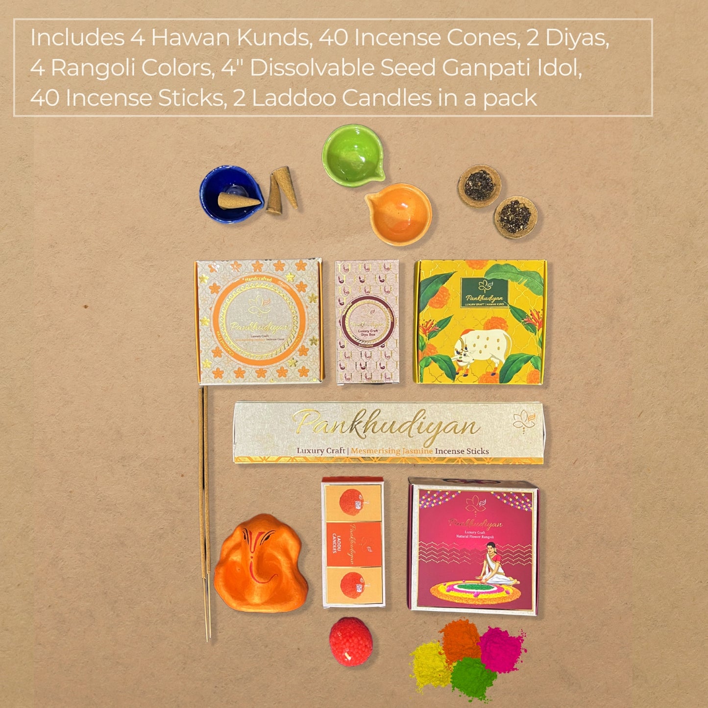 Artistic Treasure Luxury Gift Pack with Handmade Incense Cones, Sticks, Havan Kunds, Flower Rangoli Colors, Dissolvable Seed Ganpati Idol, Ceramic Diyas, and Laddoo Candles