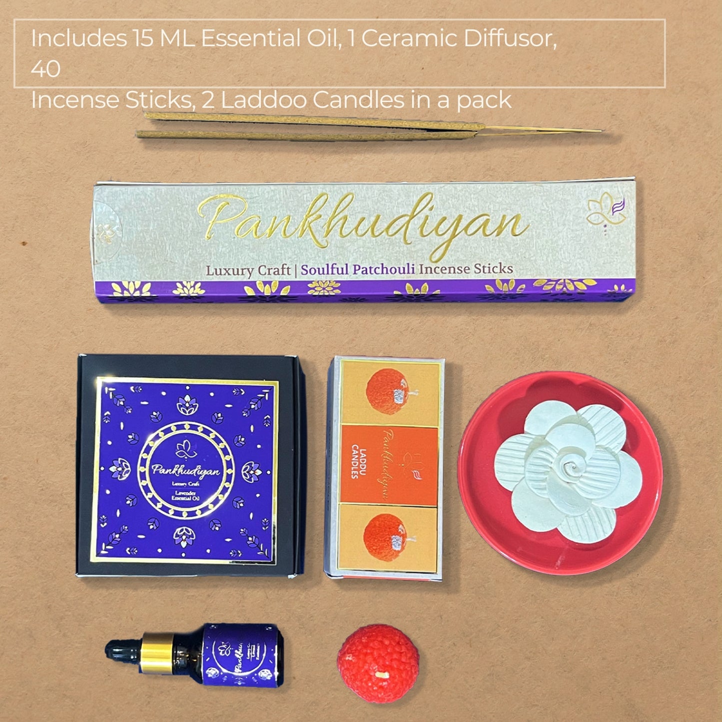 Crafted Bliss Luxury Gift Pack with Handmade Incense Sticks, Flower Ceramic Diffusor, Aroma Essential Oil, Laddoo Candles