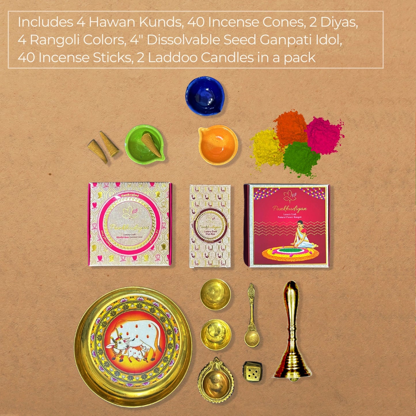 Pure Indulgence Luxury Gift Pack with Handmade Incense Cones, Flower Rangoli Colors, Ceramic Diyas, and Brass Set