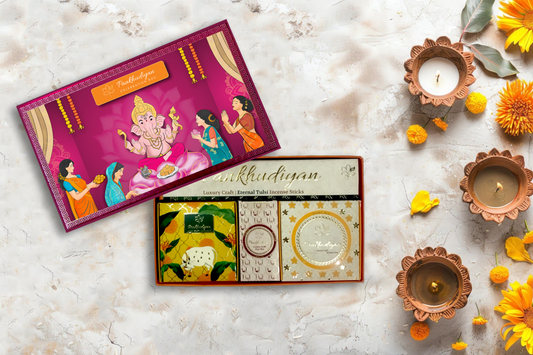 Crafted Bliss Ganpati Luxury Gift Pack with Handmade Incense Sticks, Incense Cones, Hawan Kunds, Diyas