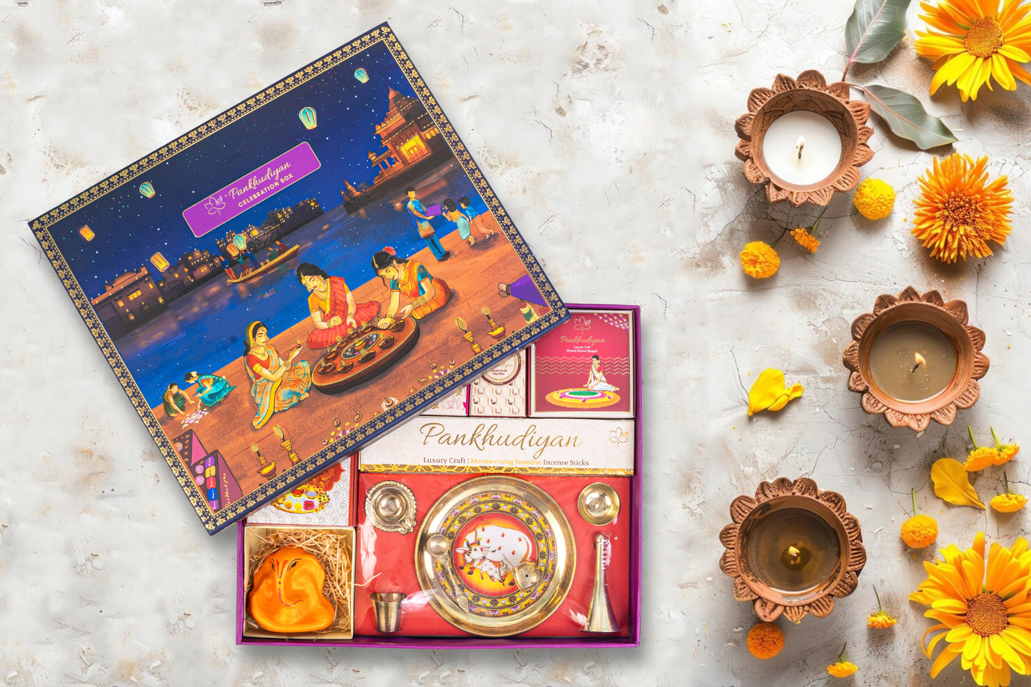 Pure Indulgence Luxury Gift Pack with Handmade Incense Sticks, Cones, Pooja Box, Flower Rangoli Colors, Hawan Kunds, Dissolvable Seed Ganpati Idol, Ceramic Diyas, and Brass Set